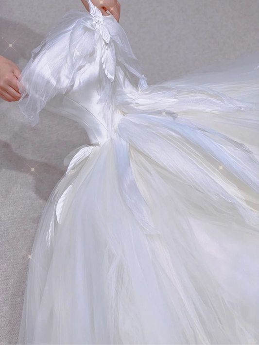 Unique Ball Gown Strapless Ruffles Layers Long Satin Wedding Dresses Brides Dress DP324