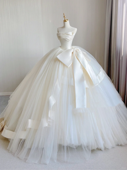 Timeless Ball Gown Strapless Satin Tulle Long White Wedding Dresses Brides Dress DP325