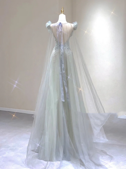 Pretty A Line Scoop Sleeveless Long Beads Tulle Prom Dresses Evening Dresses DP327