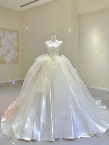 Classy Elegant Ball Gown Strapless White Long Satin Wedding Dresses Brides Dress DP328