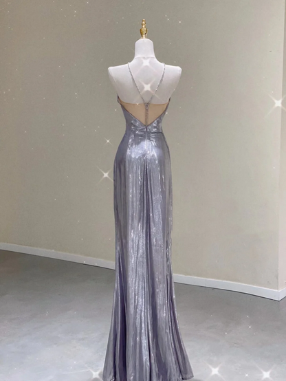 Pretty Sheath Halter Sleeveless Long Silver Gray Sequin Prom Dresses Evening Dresses DP329