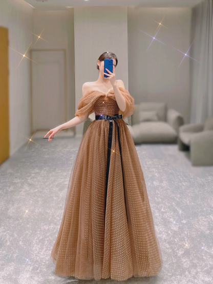 Pretty A line Off The Shoulder Brown Tulle Long Prom Dresses Evening Dresses DP330