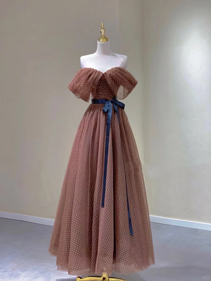 Pretty A line Off The Shoulder Brown Tulle Long Prom Dresses Evening Dresses DP330