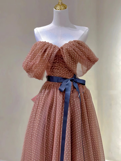 Pretty A line Off The Shoulder Brown Tulle Long Prom Dresses Evening Dresses DP330