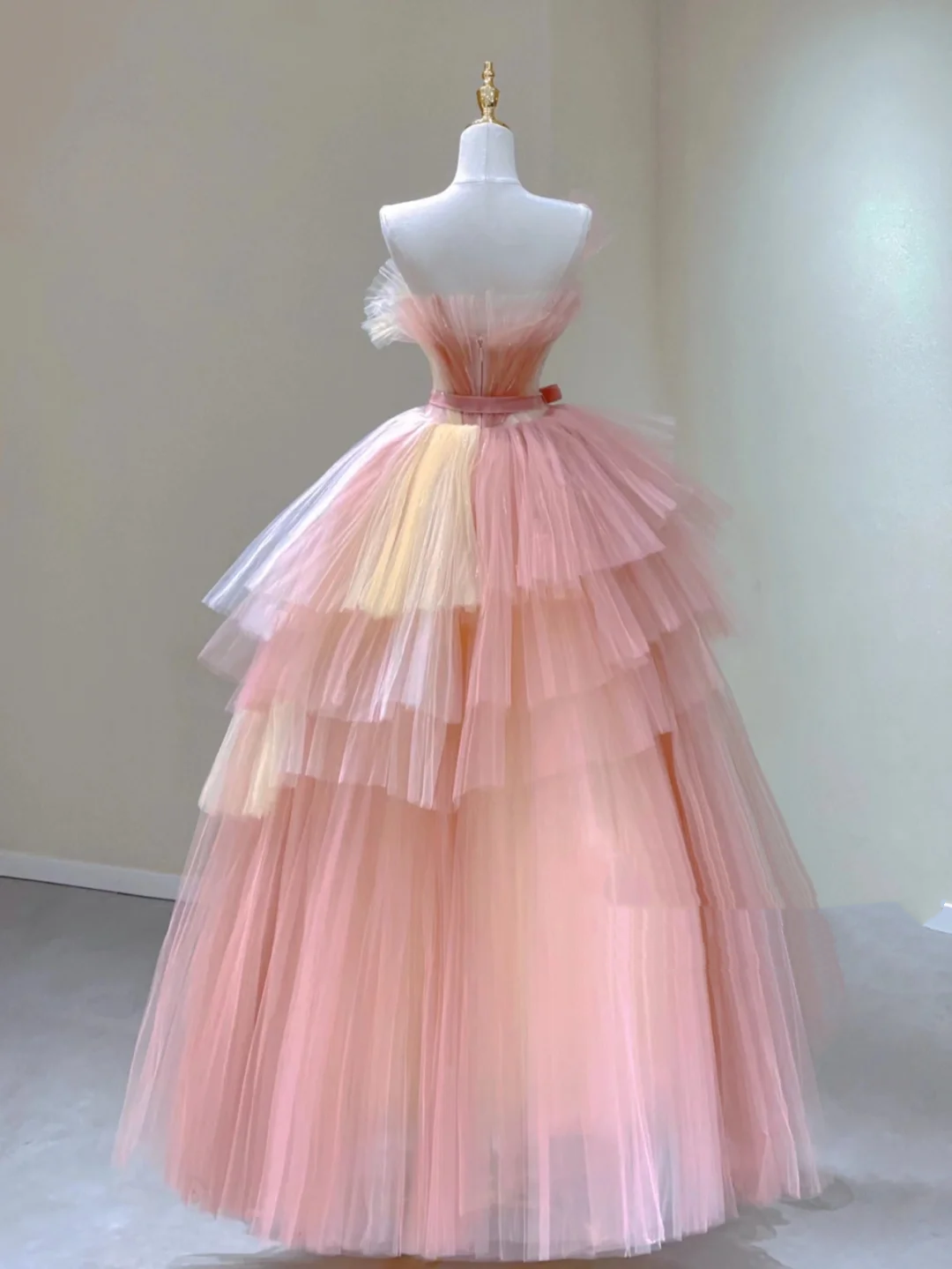 Pretty Ball Gown Strapless Pink Tulle Long Prom Dresses Evening Dresses DP332