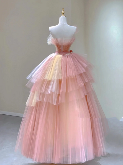 Pretty Ball Gown Strapless Pink Tulle Long Prom Dresses Evening Dresses DP332