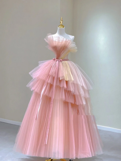 Pretty Ball Gown Strapless Pink Tulle Long Prom Dresses Evening Dresses DP332