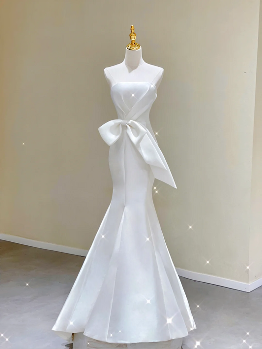 Unique Mermaid Strapless Neckline Satin Long Wedding Dresses White Brides Dress DP337