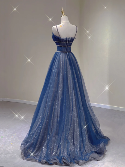 Pretty A Line Spaghetti Straps Blue Navy Blue Sleeveless Long Prom Dresses Evening Dresses DP340