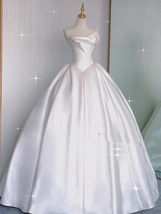 Classy Elegant Ball Gown Strapless White Long Satin Wedding Dresses Brides Dress DP342