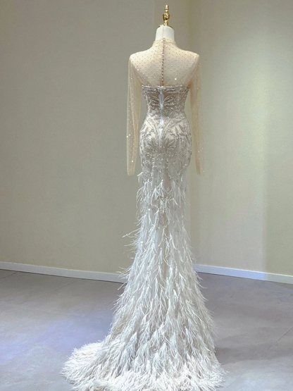 Classy Elegant Mermaid Strapless Long Sleeves Beads Feathers Satin Wedding Dresses Brides Dress DP343