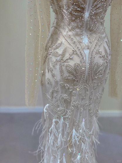 Classy Elegant Mermaid Strapless Long Sleeves Beads Feathers Satin Wedding Dresses Brides Dress DP343