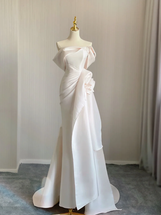Unique Mermaid Off The Shoulder Ruffles Long Satin Pink Wedding Dresses Brides Dress DP344
