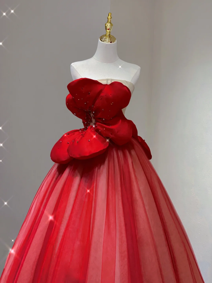 Pretty Ball Gown Strapless Red Tulle Long Prom Dresses Evening Dresses DP346