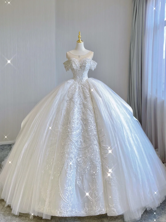 Luxury Ball Gown Scoop Neckline Long Satin Lace White Wedding Dresses Brides Dress DP347