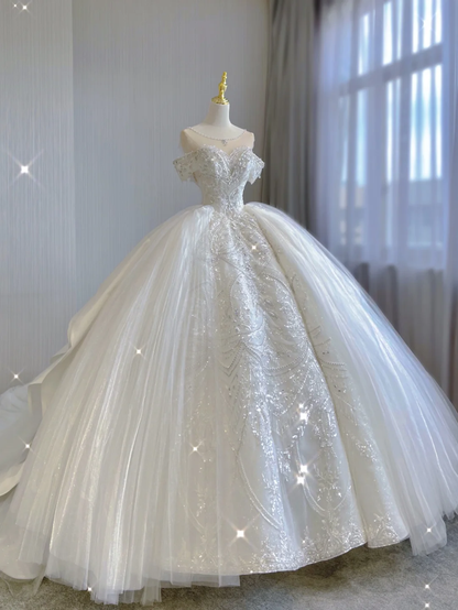 Luxury Ball Gown Scoop Neckline Long Satin Lace White Wedding Dresses Brides Dress DP347