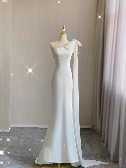 Simple Mermaid One Shoulder Neckline Long Satin Wedding Dresses Brides Dress DP354