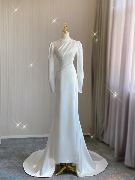 Simple Mermaid High Neckline Long Sleeves Satin White Wedding Dresses Bride Dress DP357