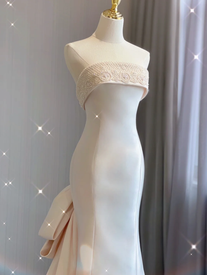 Simple Mermaid Strapless Neckline Long Satin Pink Wedding Dresses Brides Dress DP360