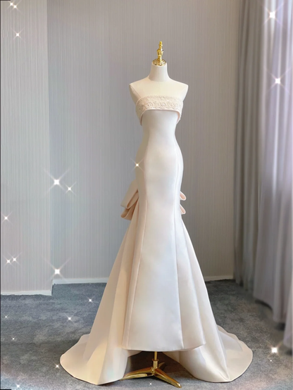 Simple Mermaid Strapless Neckline Long Satin Pink Wedding Dresses Brides Dress DP360