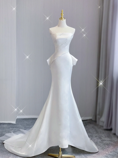 Simple Mermaid Strapless Neckline Long Satin White Wedding Dresses Brides Dress DP361