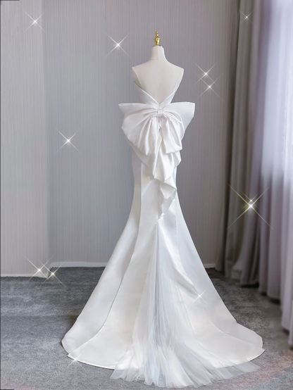 Simple Mermaid Strapless Neckline Long Satin White Wedding Dresses Brides Dress DP361