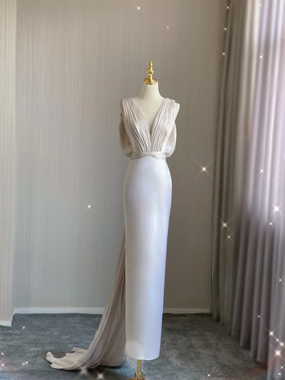 Simple Sheath V Neckline Long Satin Backless Wedding Dresses Brides Dress DP362