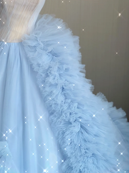 Pretty Ball Gown Strapless Blue Layers Tulle Long Prom Dresses Evening Dresses DP363
