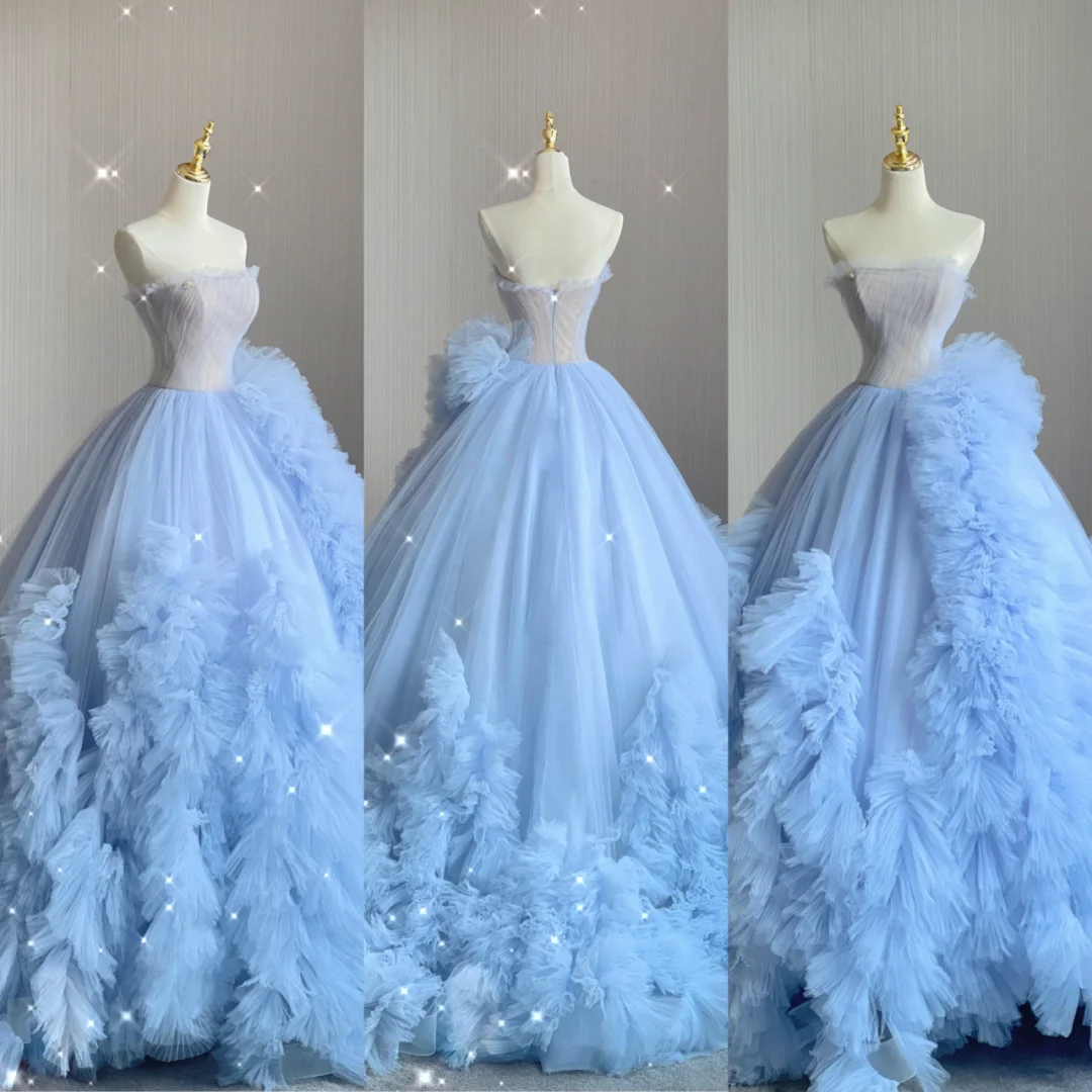 Pretty Ball Gown Strapless Blue Layers Tulle Long Prom Dresses Evening Dresses DP363