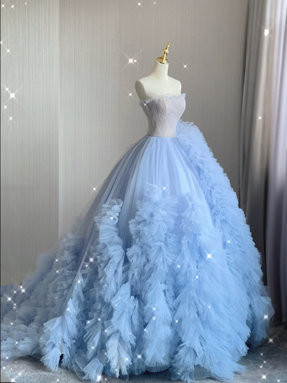 Pretty Ball Gown Strapless Blue Layers Tulle Long Prom Dresses Evening Dresses DP363