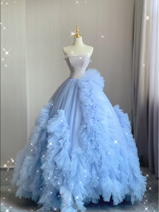 Pretty Ball Gown Strapless Blue Layers Tulle Long Prom Dresses Evening Dresses DP363