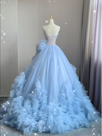 Pretty Ball Gown Strapless Blue Layers Tulle Long Prom Dresses Evening Dresses DP363