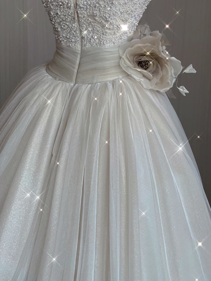 Pretty Ball Gown Strapless Champagne Tulle Long Prom Dresses Evening Dresses DP364