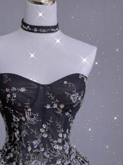 Pretty Ball Gown Strapless Black Tulle Long Prom Dresses Evening Dresses DP365