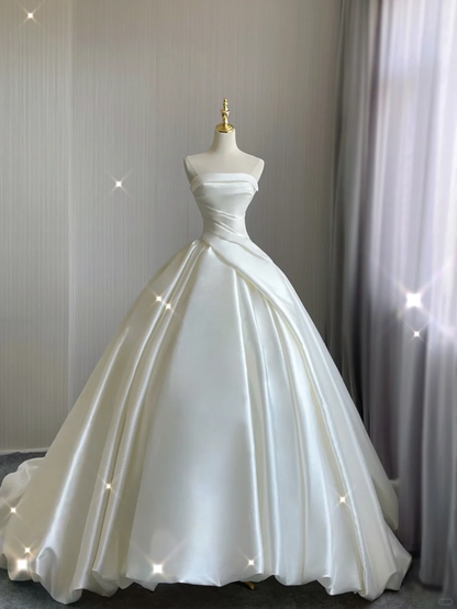 Unique Ball Gown Strapless Ruffles Long Satin White Wedding Dresses Brides Dress DP368