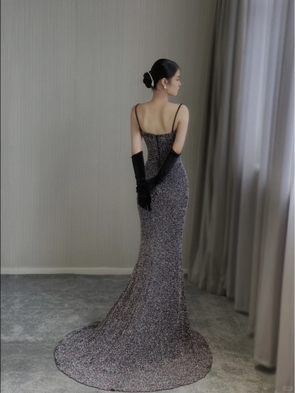 Pretty Mermaid Spaghetti Straps Sequin Sleeveless Long Prom Dresses High School Evening Dresses DP369