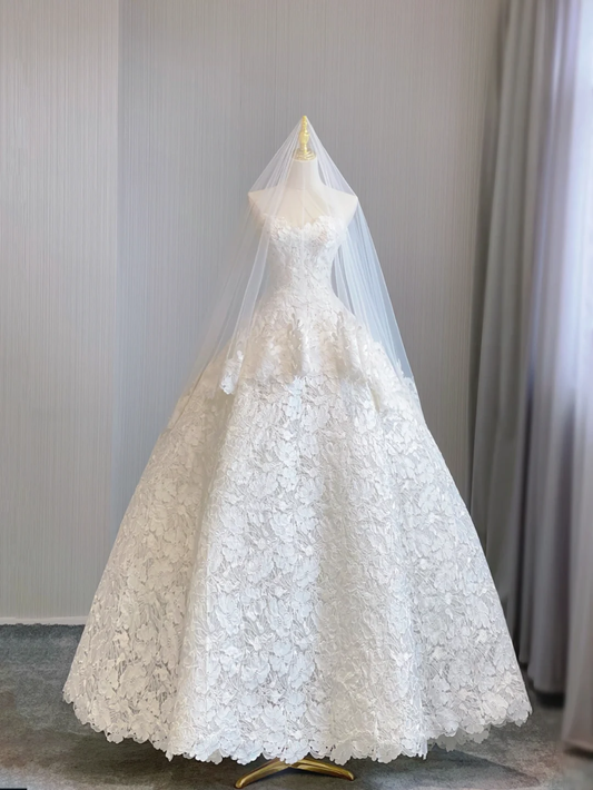Unique Ball Gown Strapless Lace Long White Wedding Dresses Brides Dress DP371