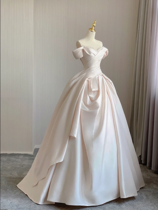 Luxury Ball Gown Off The Shoulder Neckline Long Satin Pink Wedding Dresses Brides Dress DP373