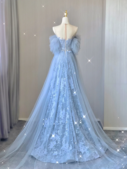 Pretty A line Scoop Neckline Blue Tulle Long Prom Dresses Graduation Dress High School Classy Evening Dresses DP379