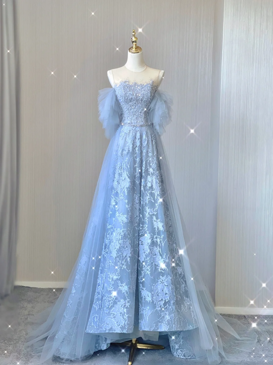 Pretty A line Scoop Neckline Blue Tulle Long Prom Dresses Graduation Dress High School Classy Evening Dresses DP379