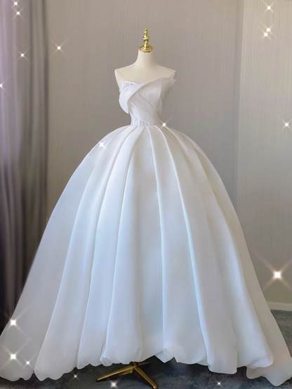 Timeless Ball Gown Strapless Long Satin White Sweep Train Wedding Dresses Brides Dress DP380
