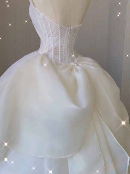 Timeless Ball Gown Strapless Long Satin White Sweep Train Wedding Dresses Brides Dress DP380