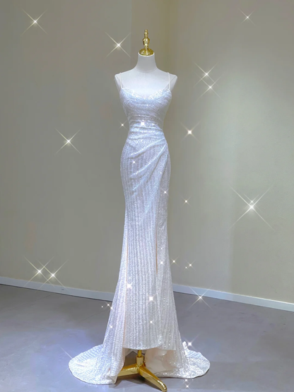 Simple Mermaid Spaghetti Straps Long White Wedding Dresses Backless Summer Brides Dress DP381