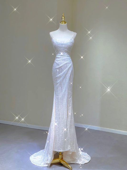 Simple Mermaid Spaghetti Straps Long White Wedding Dresses Backless Summer Brides Dress DP381