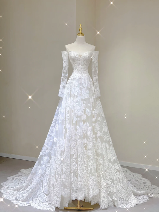 Unique A line Off The Shoulder Lace Long Sleeves White Wedding Dresses Summer Brides Dress DP383