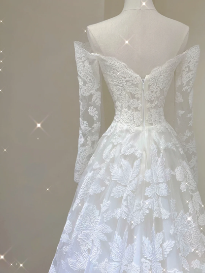Unique A line Off The Shoulder Lace Long Sleeves White Wedding Dresses Summer Brides Dress DP383