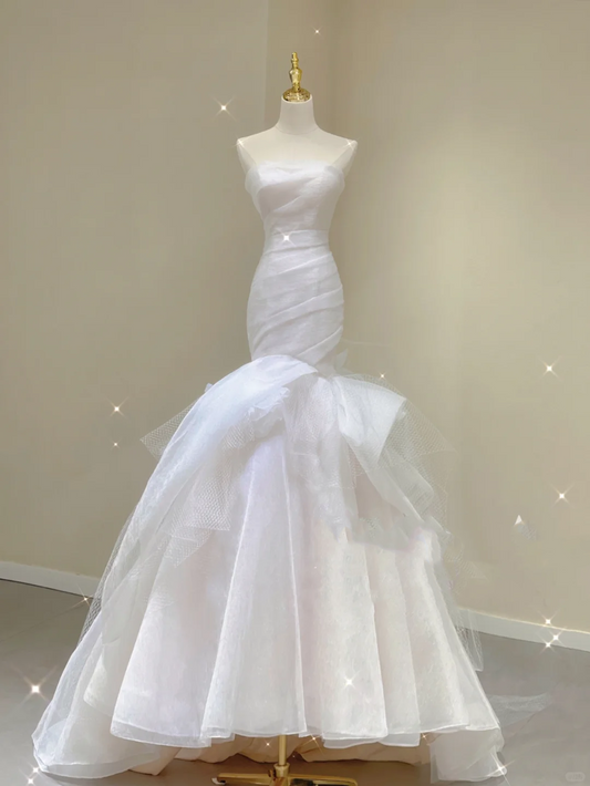 Simple Mermaid Strapless Long White Wedding Dresses Summer Brides Dress DP385