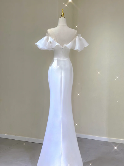 Simple Mermaid V Neckline Long White Wedding Dresses Summer Brides Dress DP386