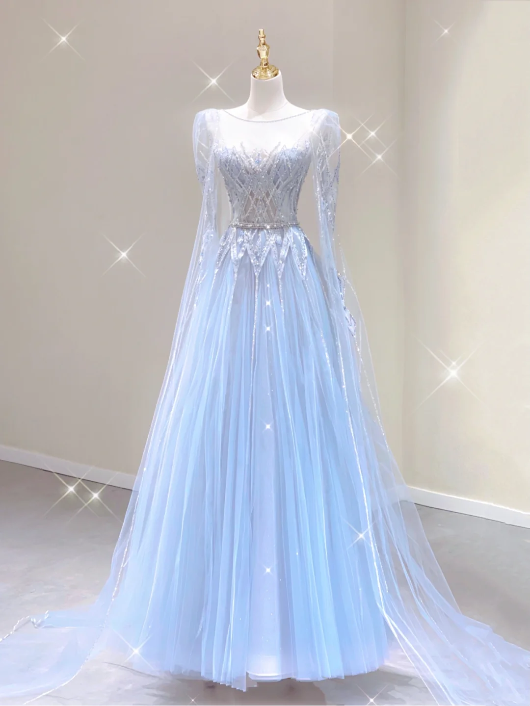 Pretty Ball Gown Scoop Long Sleeves Prom Dresses Blue Graduation Dress High School Classy Evening Dresses DP390