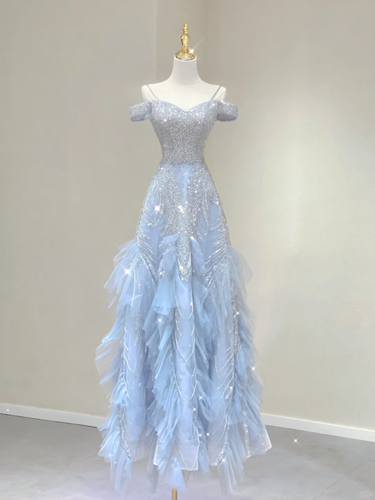 Pretty Ball Gown Spaghetti Straps Cap Sleeves Prom Dresses Blue Graduation Dress High School Classy Evening Dresses DP391